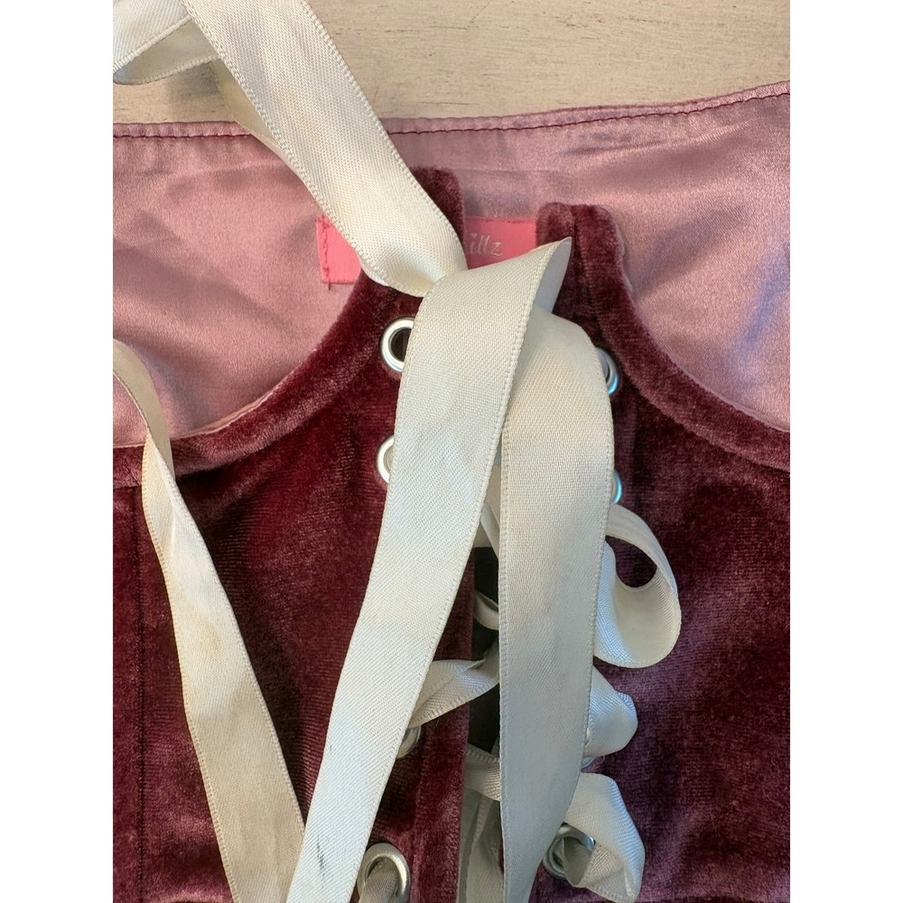 Sugar Trill Burgundy Velvet Corset Bustier Crop Top Ivory Ribbon LaceUp S - Picture 9 of 12